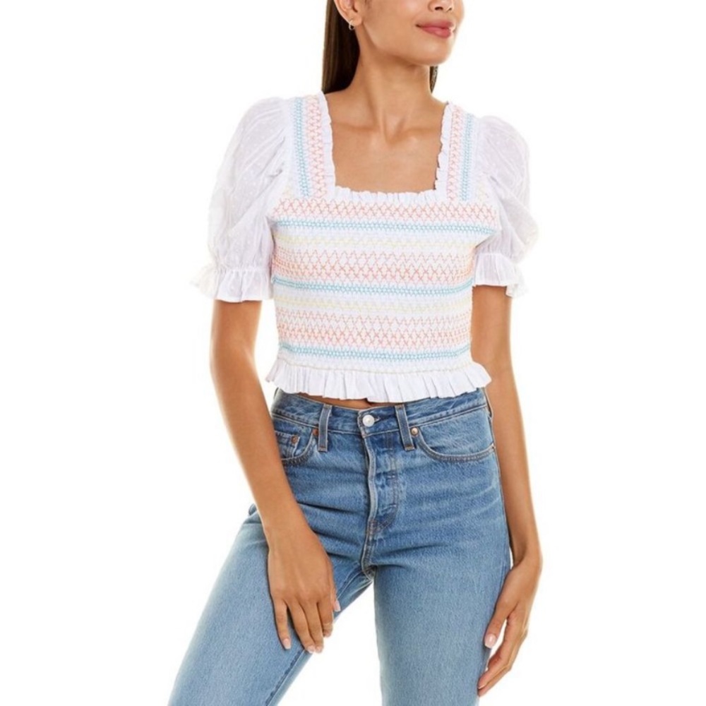 Free the Roses Multicolor Smocked Puff-Sleeve Top NWT